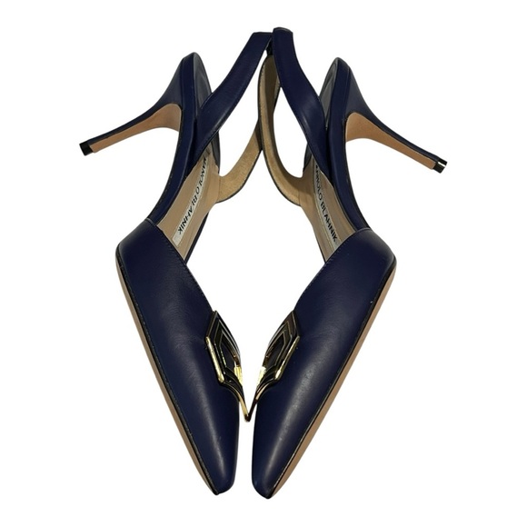 Manolo Blahnik Pointed Toe Slingback Halter Pump Leather Buckle Kitten Heel 39 - Picture 5 of 6